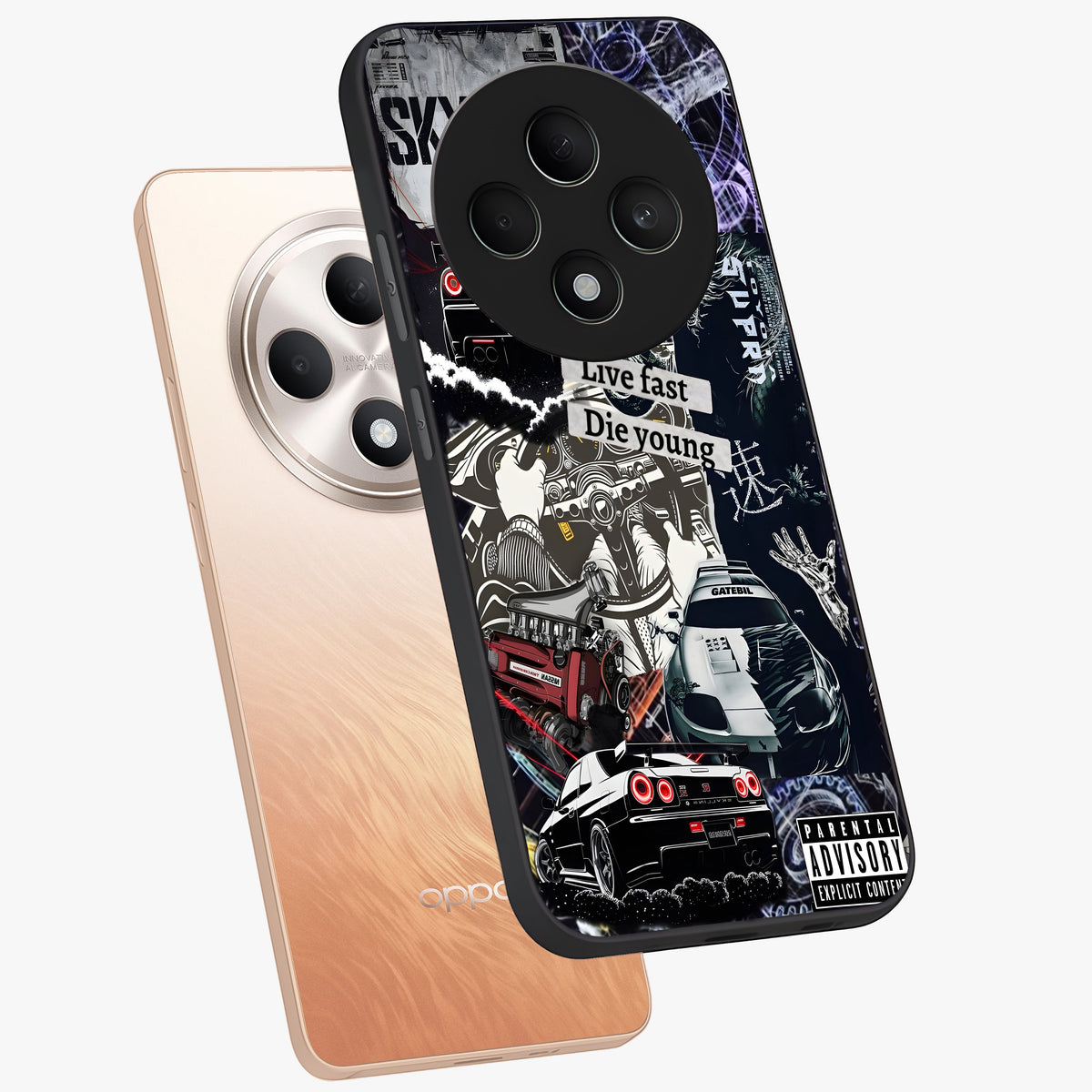 Die Young Glass Case displayed in angled mockup highlighting expressive graphic artwork with edgy aesthetic style.