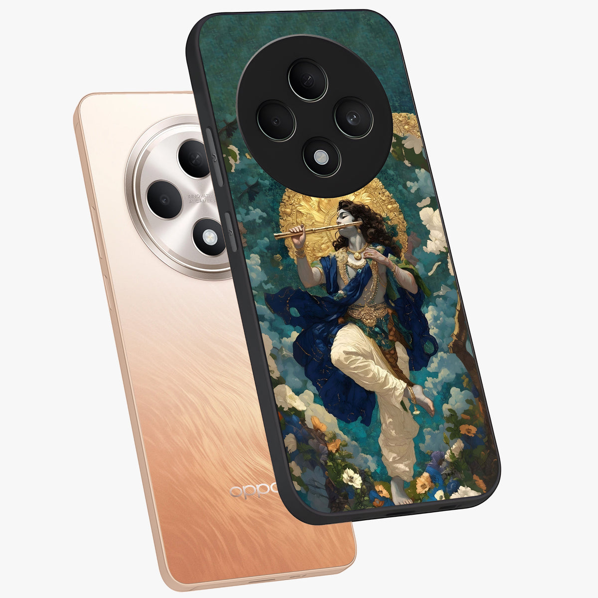 Divine Krishna Art Glass Case displayed in angled mockup highlighting spiritual Krishna illustration with devotional aesthetic.