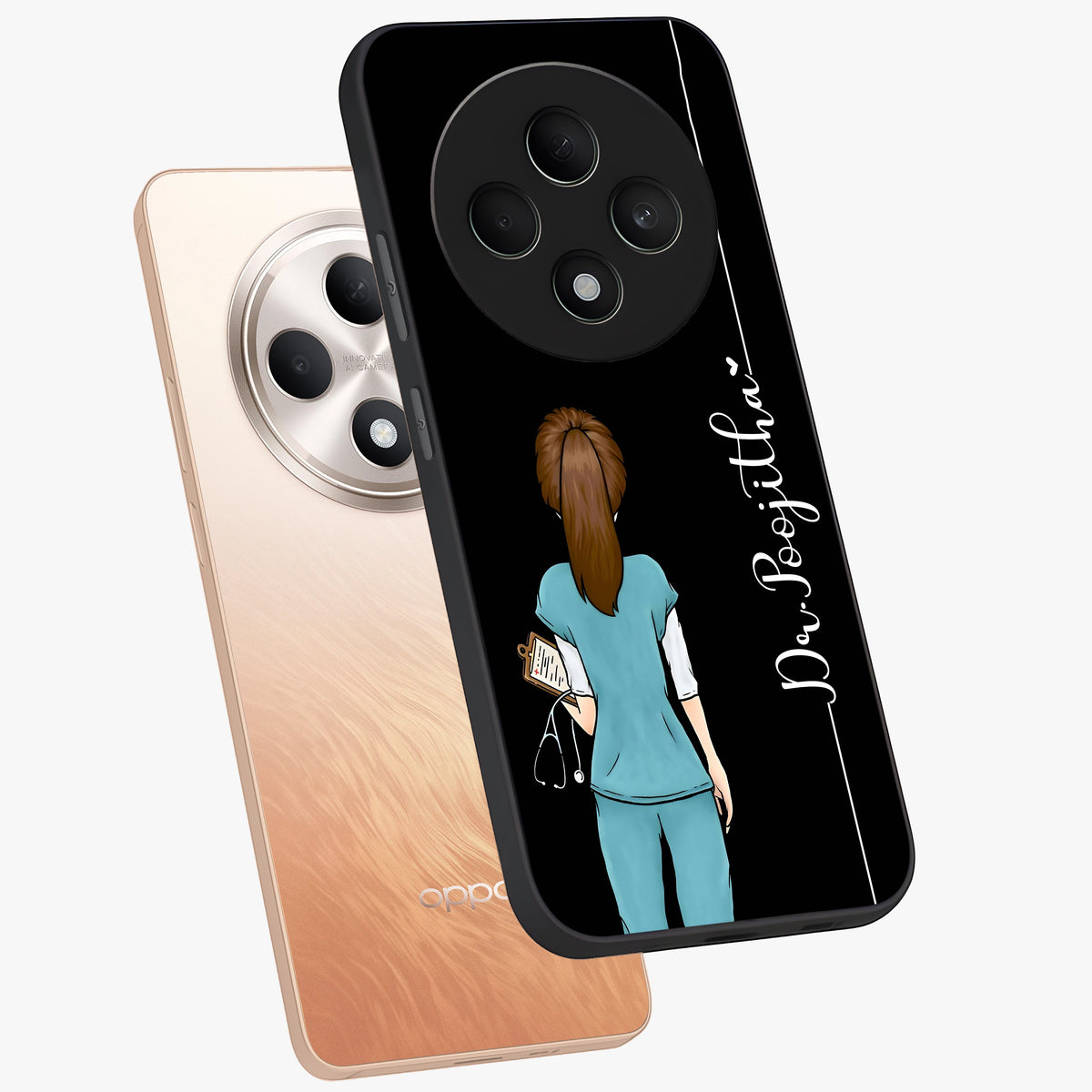 Doctor Pattern Custom Name Glass Case displayed in angled mockup highlighting doctor inspired artwork with custom name feature.
