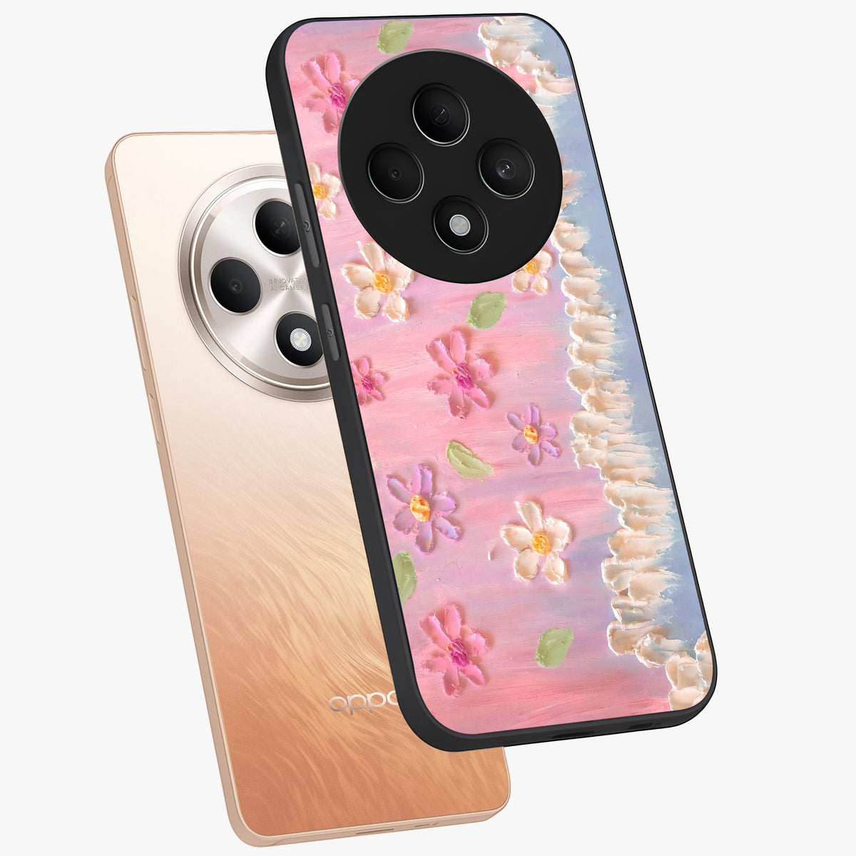 Dreamy Painted Garden Glass Case displayed in angled mockup highlighting colorful garden illustration with dreamy aesthetic style.