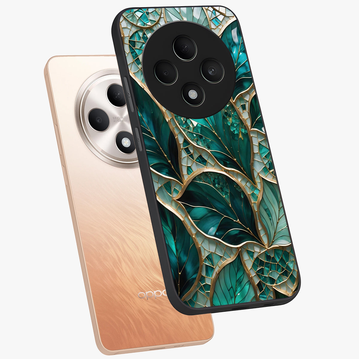 Emerald Leaf Glass Glass Case displayed in angled mockup highlighting botanical leaf illustration with elegant natural aesthetic.