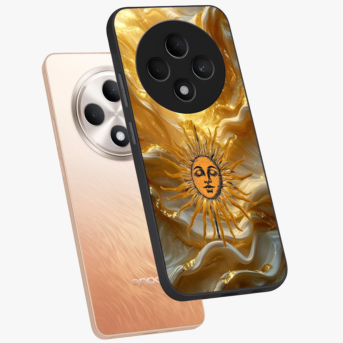 Eternal Golden Glow Glass Case displayed in angled mockup highlighting glowing golden aesthetic design with elegant style.