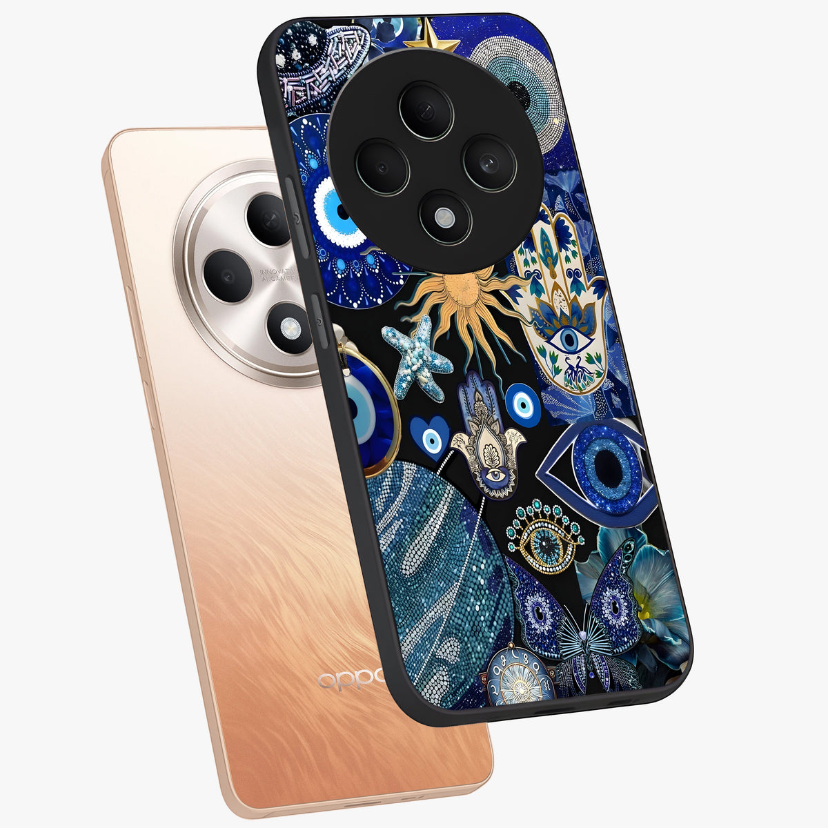 Evil Eye Charm Mix Glass Case displayed in angled mockup highlighting protective evil eye symbols with spiritual aesthetic design.