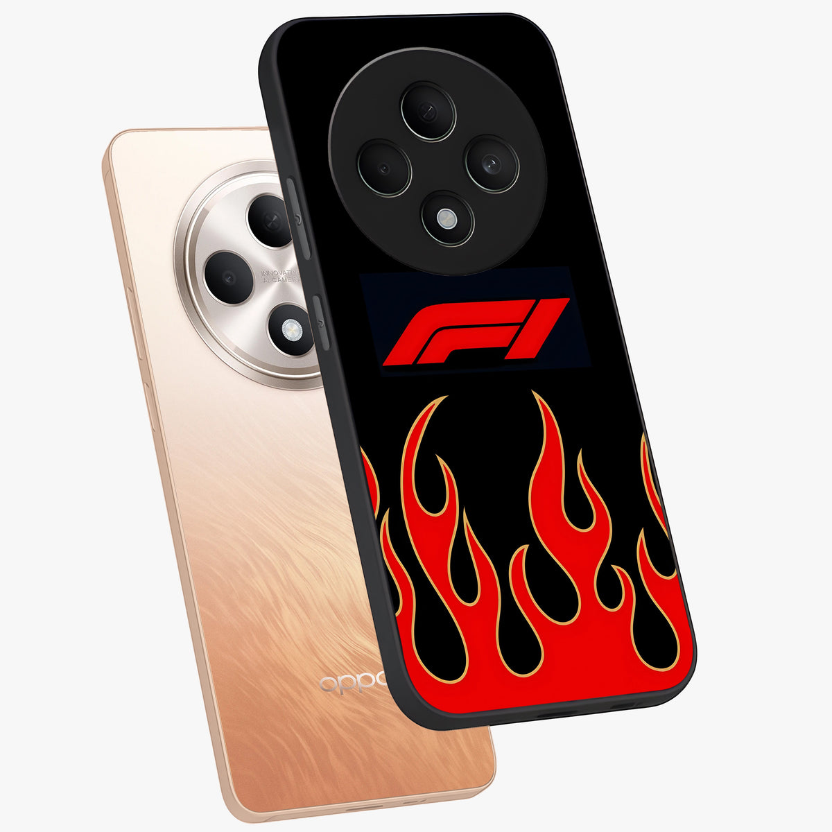 Fire F11 Glass Case displayed in angled mockup highlighting bold fire inspired graphic with energetic aesthetic style.