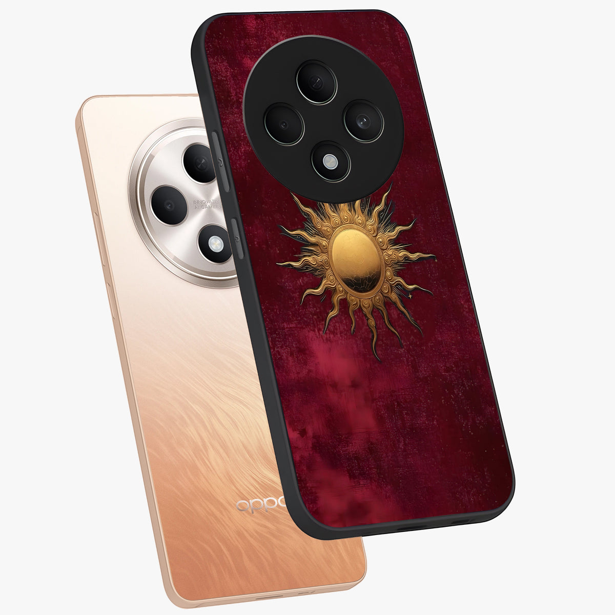 Golden Sun Minimalism Glass Case displayed in angled mockup highlighting clean sun symbol design with modern minimal aesthetic.