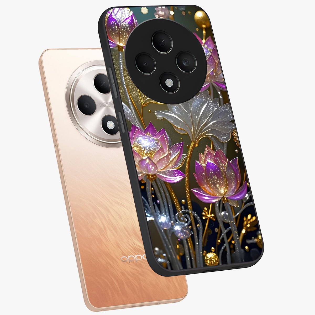 Golden Floral Majesty Glass Case displayed in angled mockup highlighting elegant flower design with royal golden aesthetic.