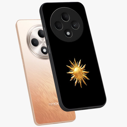 Golden Sun Minimalism Glass Case displayed in angled mockup highlighting eerie shadow illustration with gothic aesthetic.