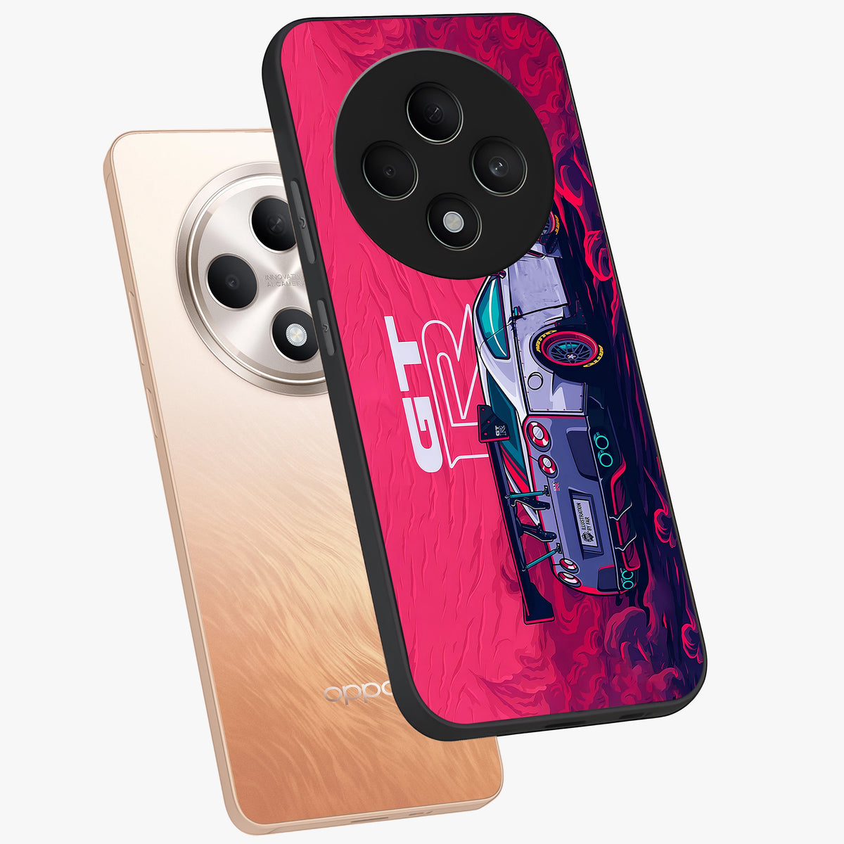 GT-R Car Pattern Glass Case displayed in angled mockup highlighting racing car graphic design with bold automotive aesthetic.