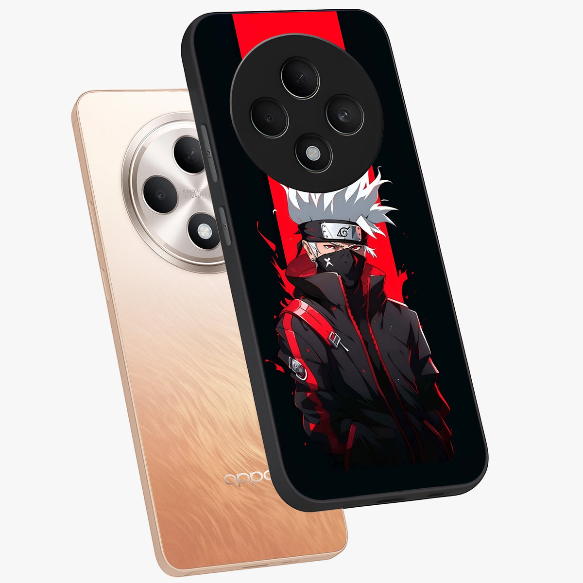 Kakashi Scarlet Shadow Glass Case displayed in angled mockup highlighting dramatic ninja illustration with scarlet themed aesthetic.