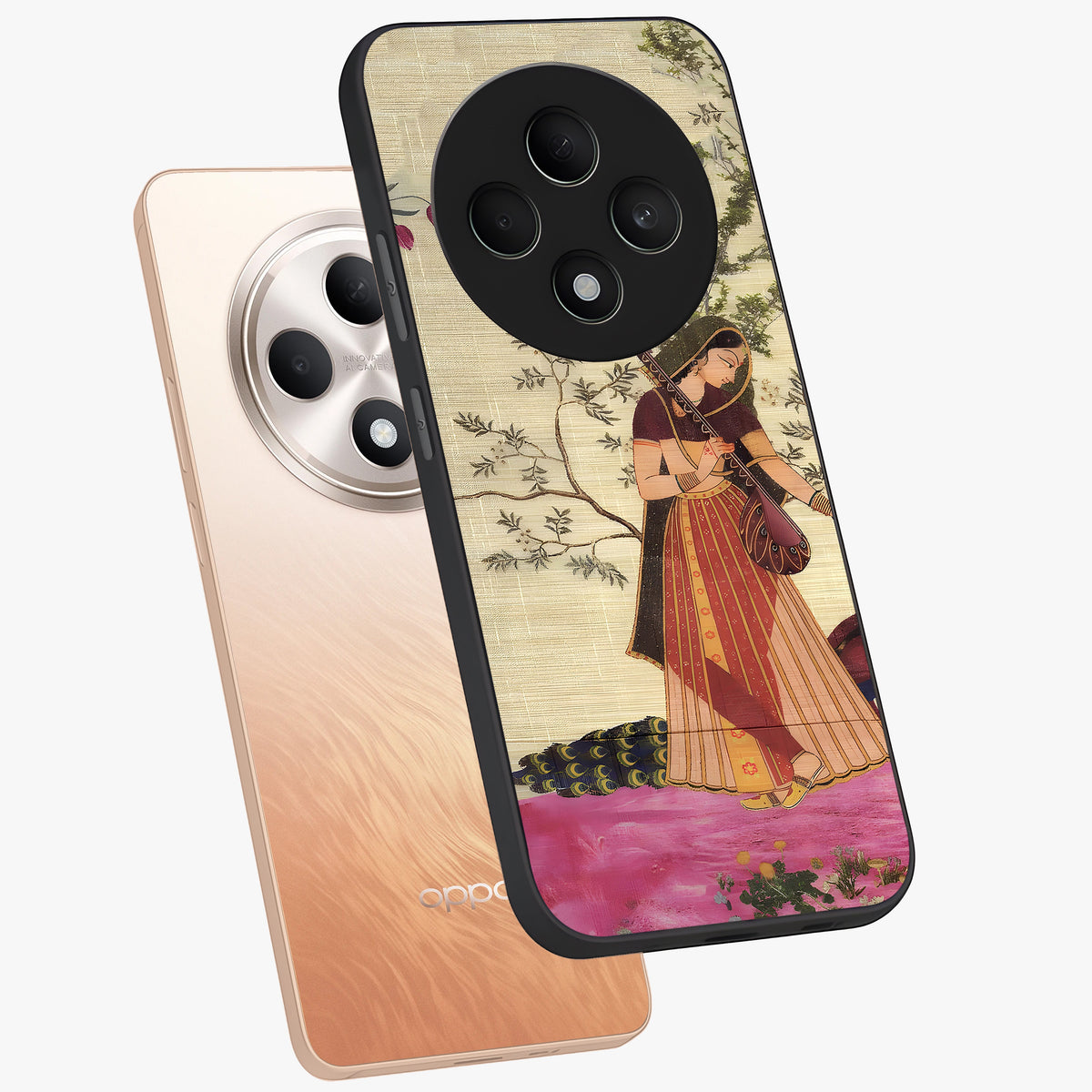 Lady With Veena Art Glass Case displayed in angled mockup highlighting graceful musical illustration with cultural artistic aesthetic.