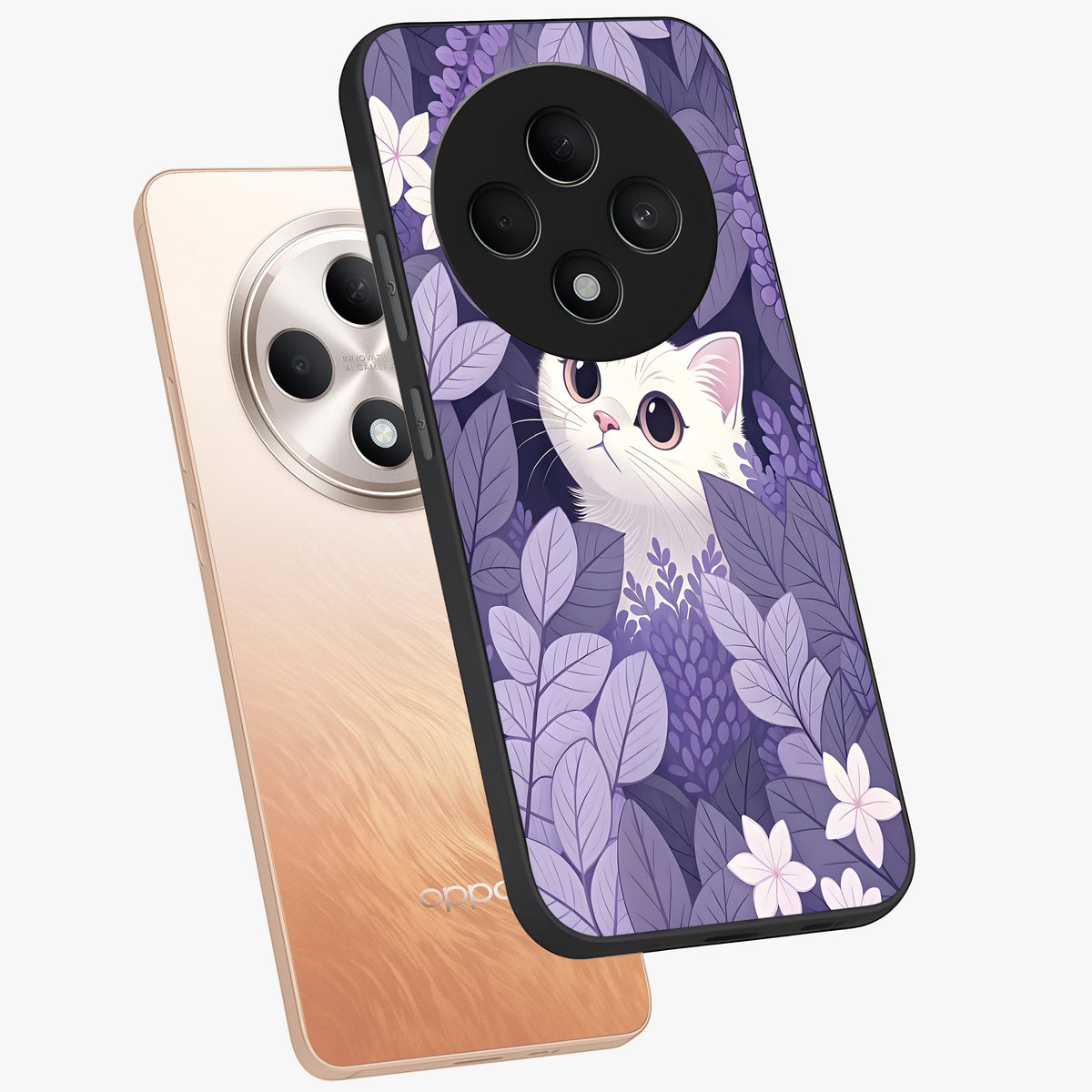 Lilac Hide Peek Cat Glass Case displayed in angled mockup highlighting playful feline illustration with lilac aesthetic design.