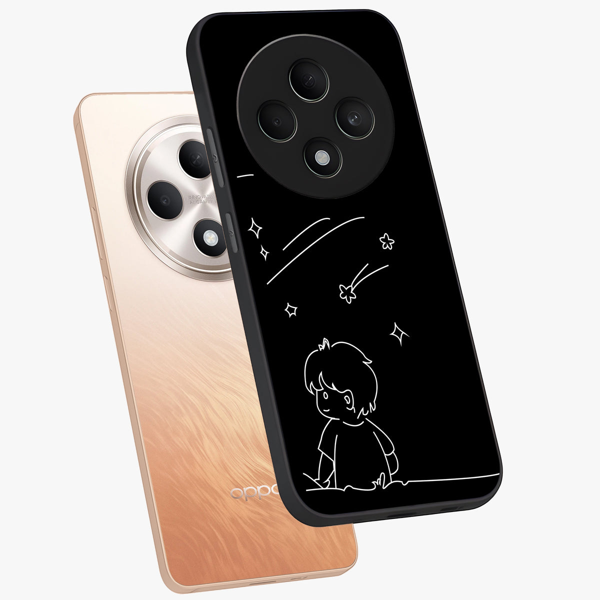 Line Art Boy With Shooting Stars Glass Case displayed in angled mockup highlighting elegant line art design with dreamy star aesthetic.