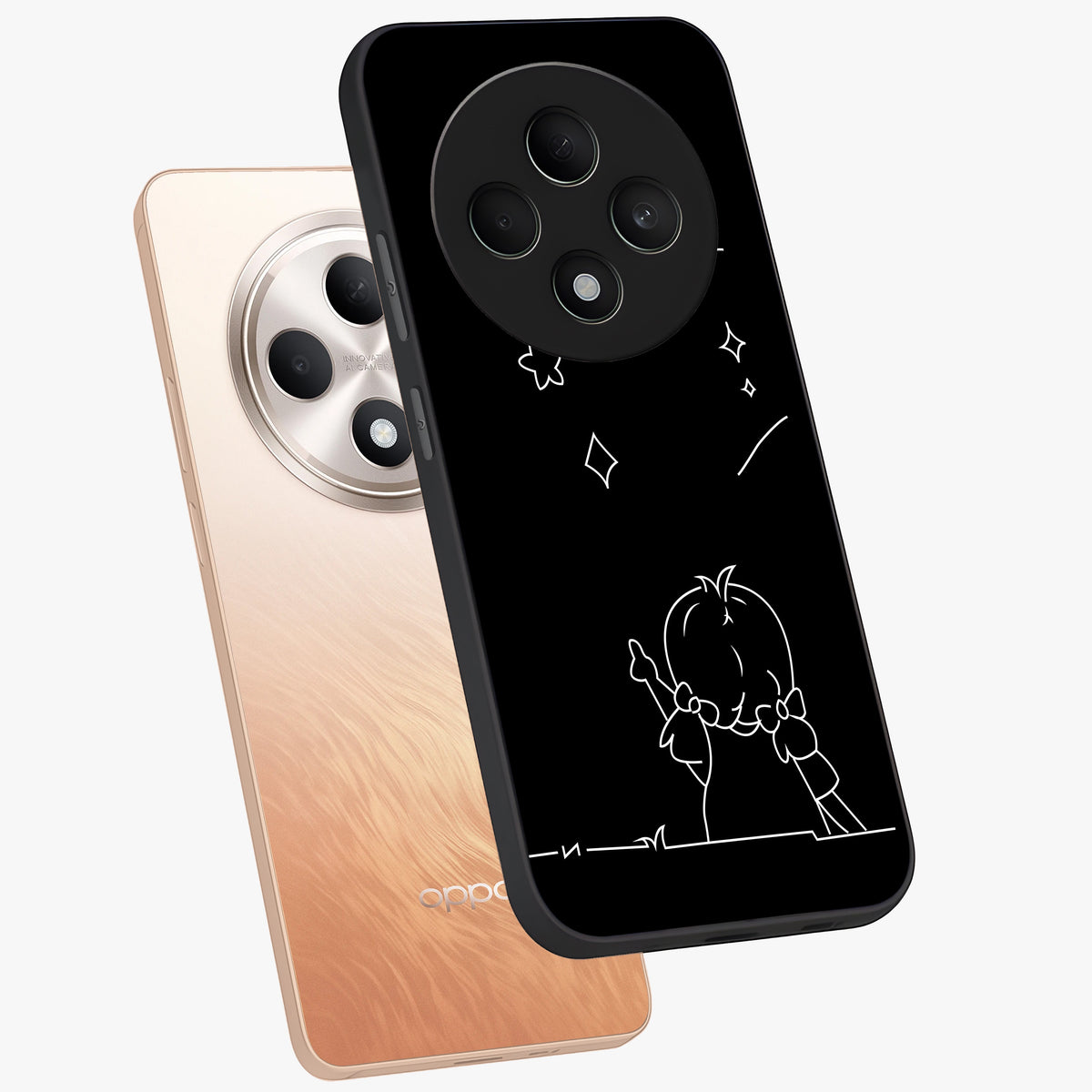 Line Art Girl With Shooting Stars Glass Case displayed in angled mockup highlighting elegant line art design with dreamy star aesthetic.