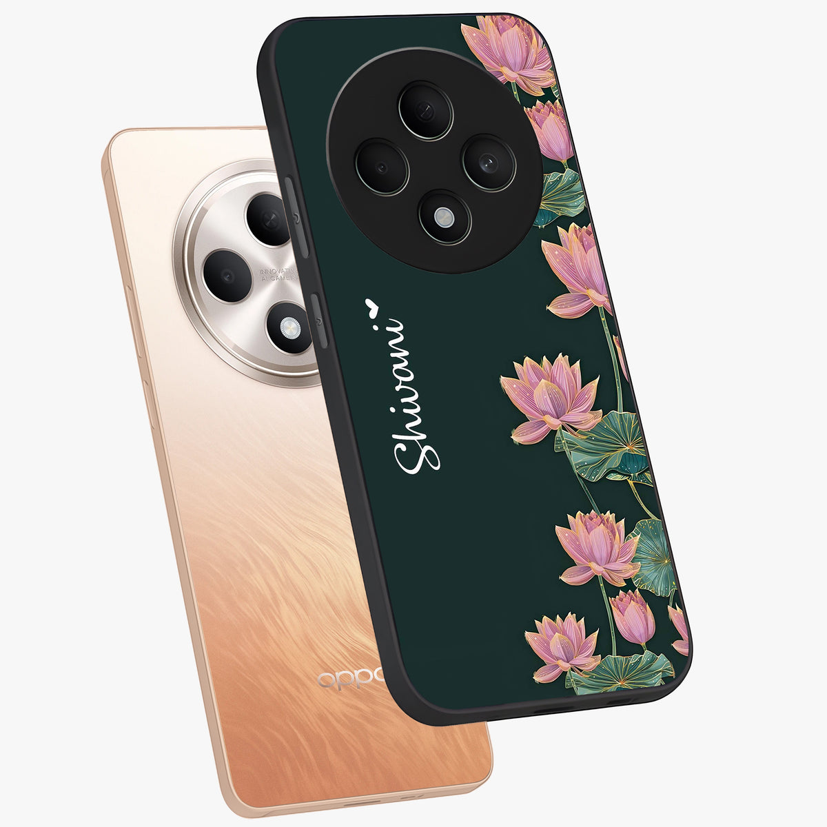Lotus Bloom Serenity Custom Name Glass Case displayed in angled mockup highlighting graceful lotus illustration with custom name feature.