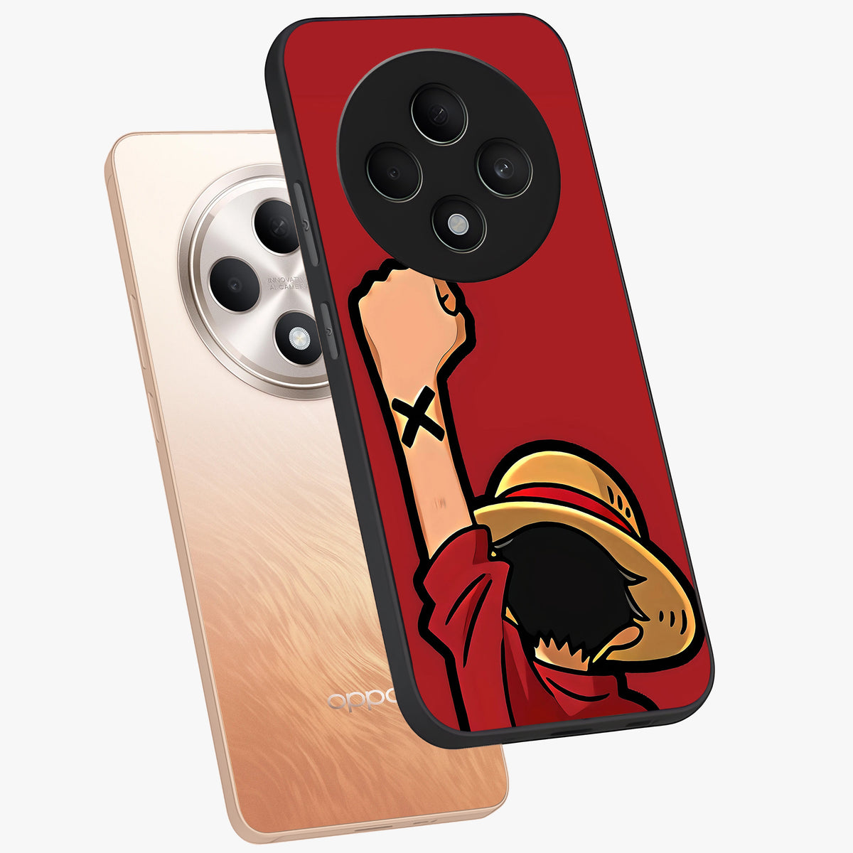 Luffy X Spirit Glass Case displayed in angled mockup highlighting powerful anime design with energetic action aesthetic.
