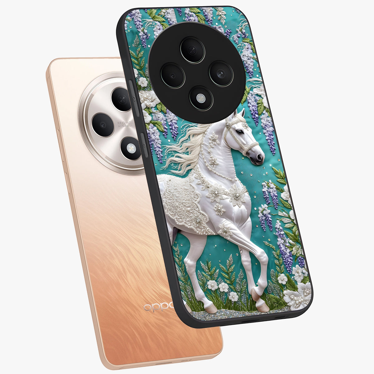 Majestic Floral Stallion Glass Case displayed in angled mockup highlighting majestic stallion illustration with elegant floral aesthetic.