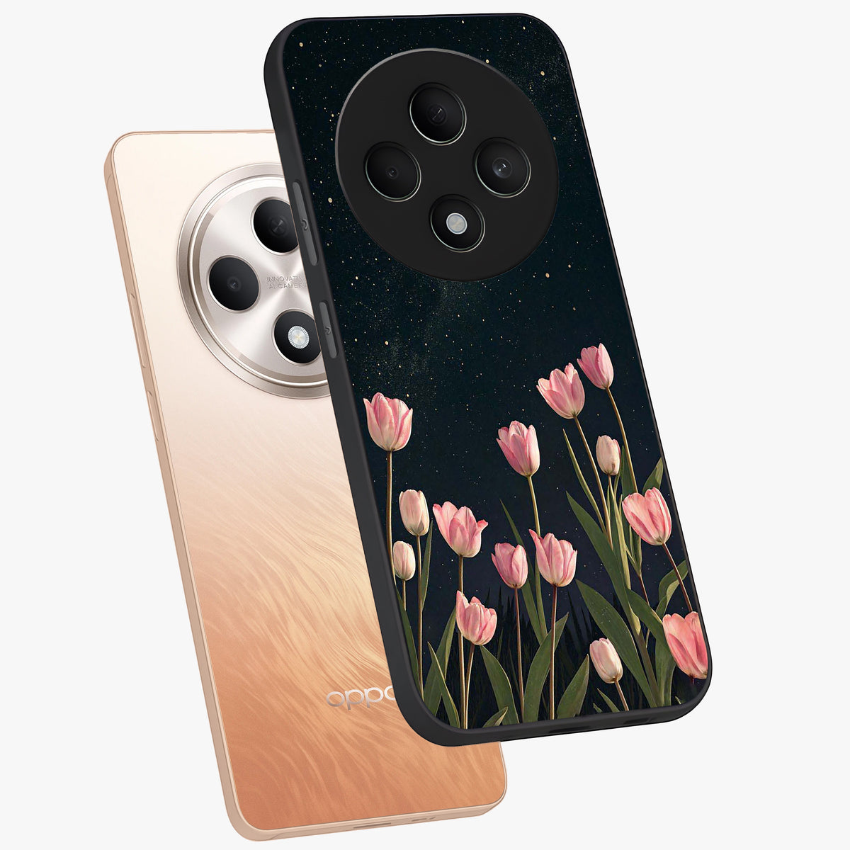 Midnight Tulip Whispers Vibe Glass Case displayed in angled mockup highlighting delicate tulip design with midnight floral aesthetic.