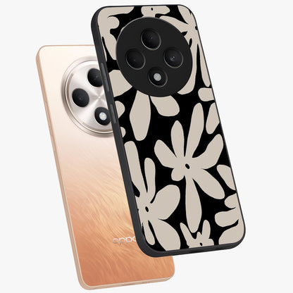 Monochrome Petal Dance Glass Case displayed in angled mockup highlighting elegant petal design with black and white aesthetic.