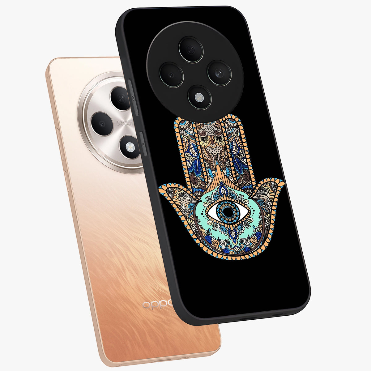 Mystic Hamsa Eye Glass Case displayed in angled mockup highlighting spiritual hamsa symbol with mystical aesthetic style.