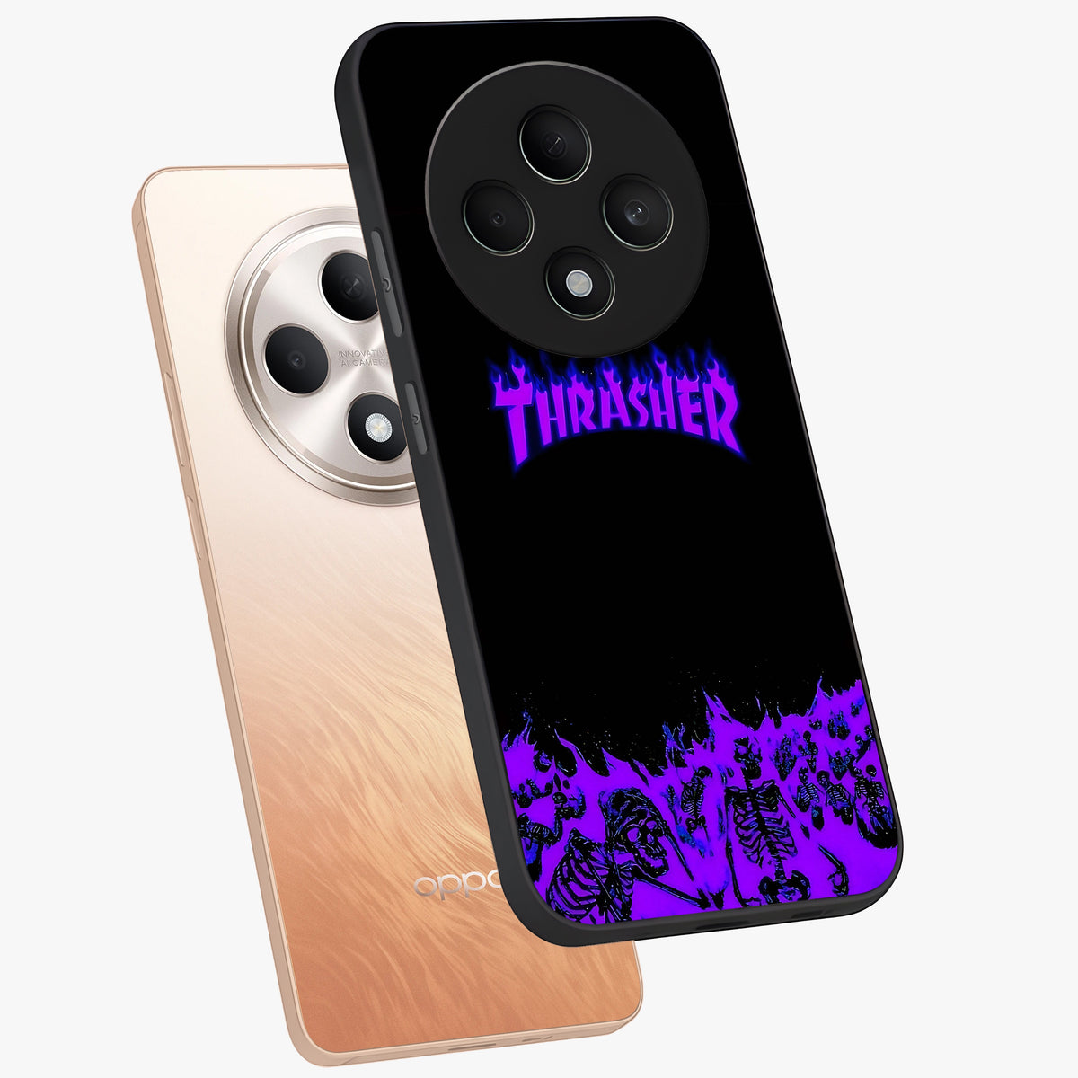 Neon Flame Riot Glass Case displayed in angled mockup highlighting glowing flame design with vibrant neon aesthetic.