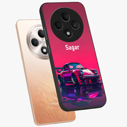 Neon Pink Porsche Glass Case displayed in angled mockup highlighting sleek neon pink car design with racing aesthetic.