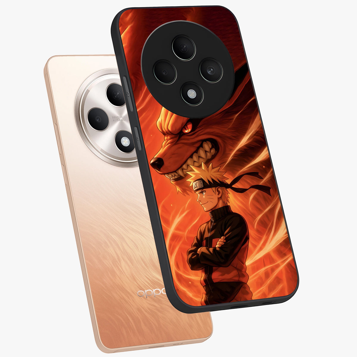 Nine Tails Legacy Glass Case displayed in angled mockup highlighting dynamic anime beast illustration with bold mystical aesthetic.