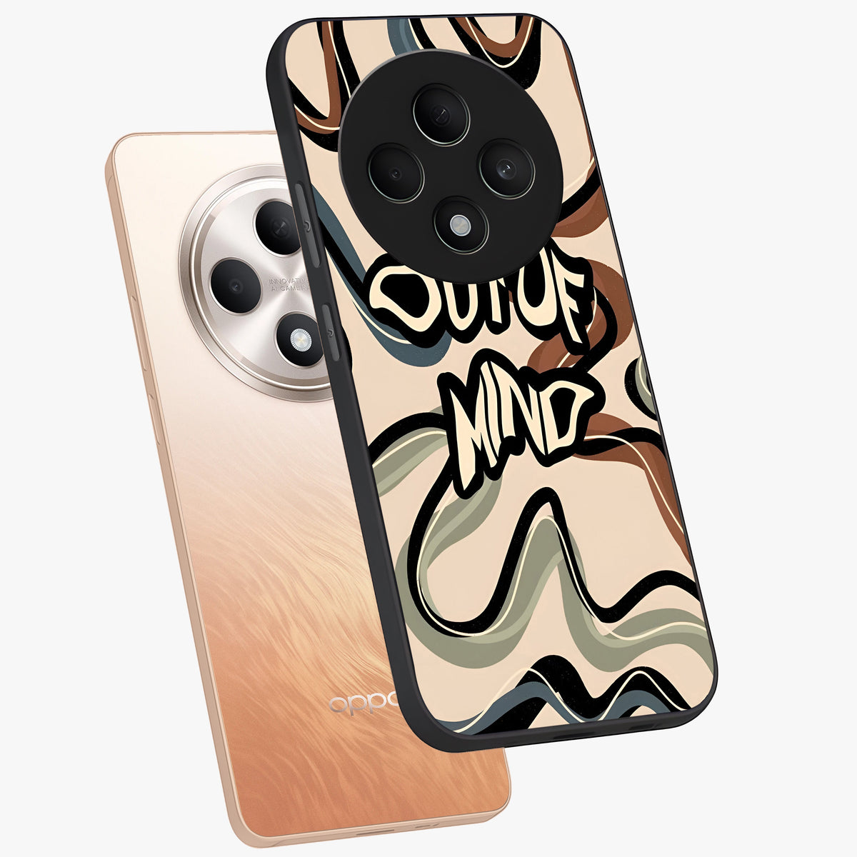 Out Of Mind Glass Case displayed in angled mockup highlighting bold statement design with modern artistic aesthetic.