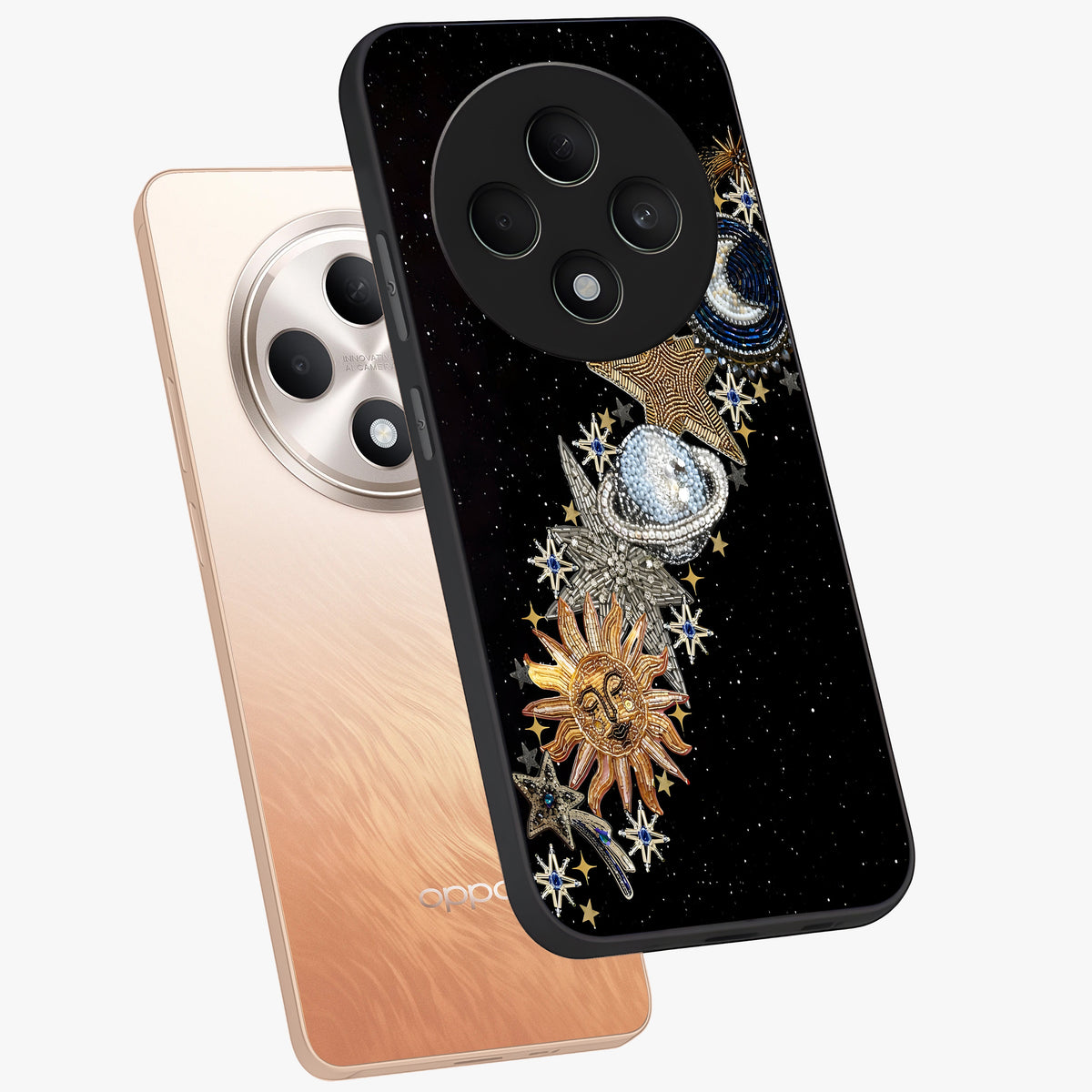 Pearls Universe Object Glass Case displayed in angled mockup highlighting celestial pearl design with dreamy aesthetic.