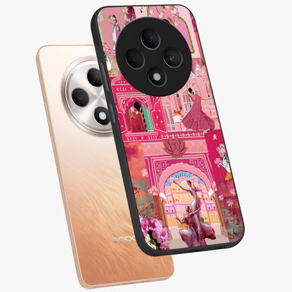 Pink Palace Muse Glass Case displayed in angled mockup highlighting dreamy palace illustration with soft pink aesthetic.