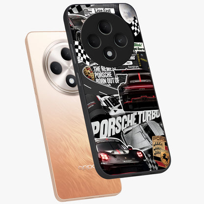 Porsche Racing Collage Glass Case displayed in angled mockup highlighting dynamic automotive design with bold racing aesthetic.