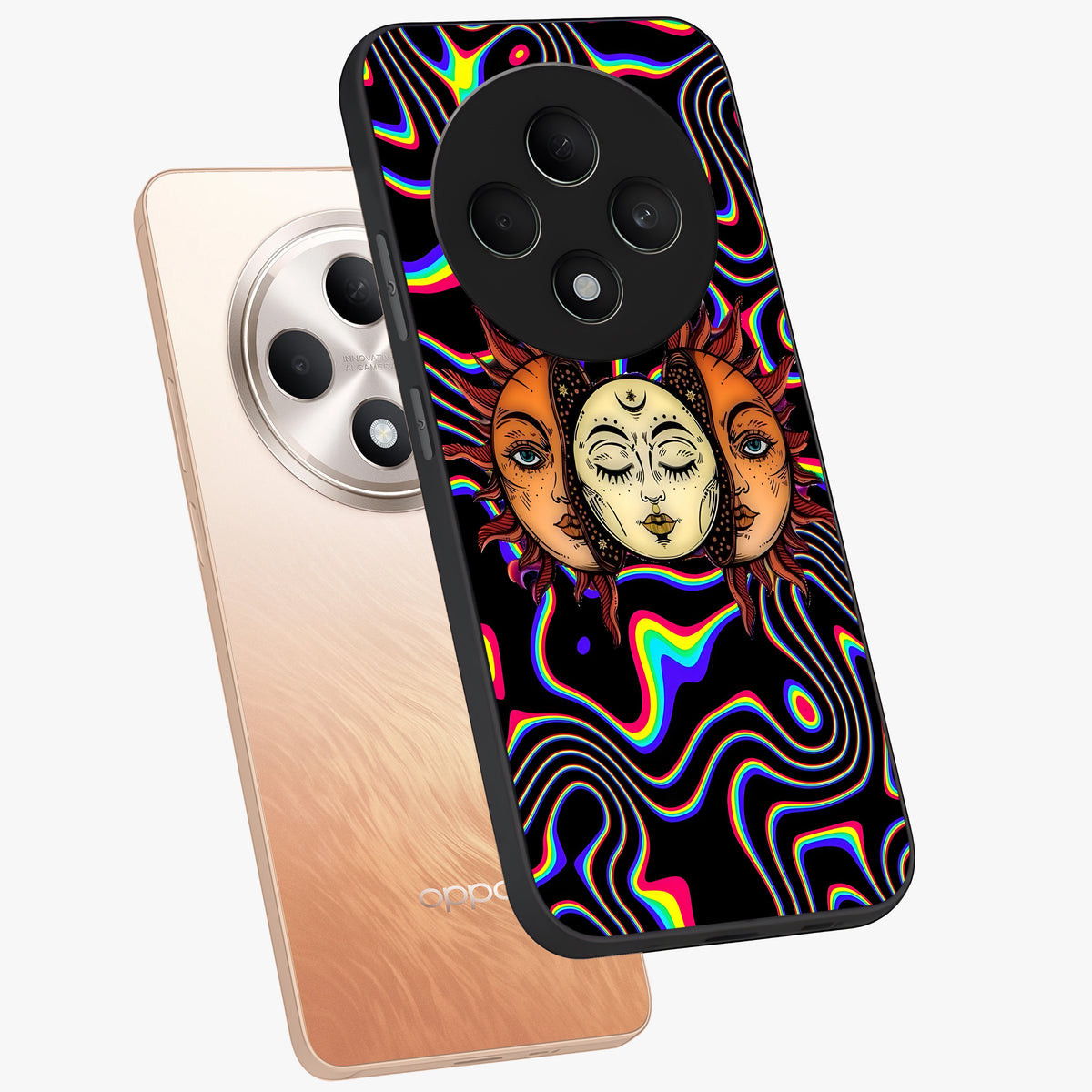 Psychedelic Sun Glass Case displayed in angled mockup highlighting vibrant abstract sun design with artistic aesthetic style.