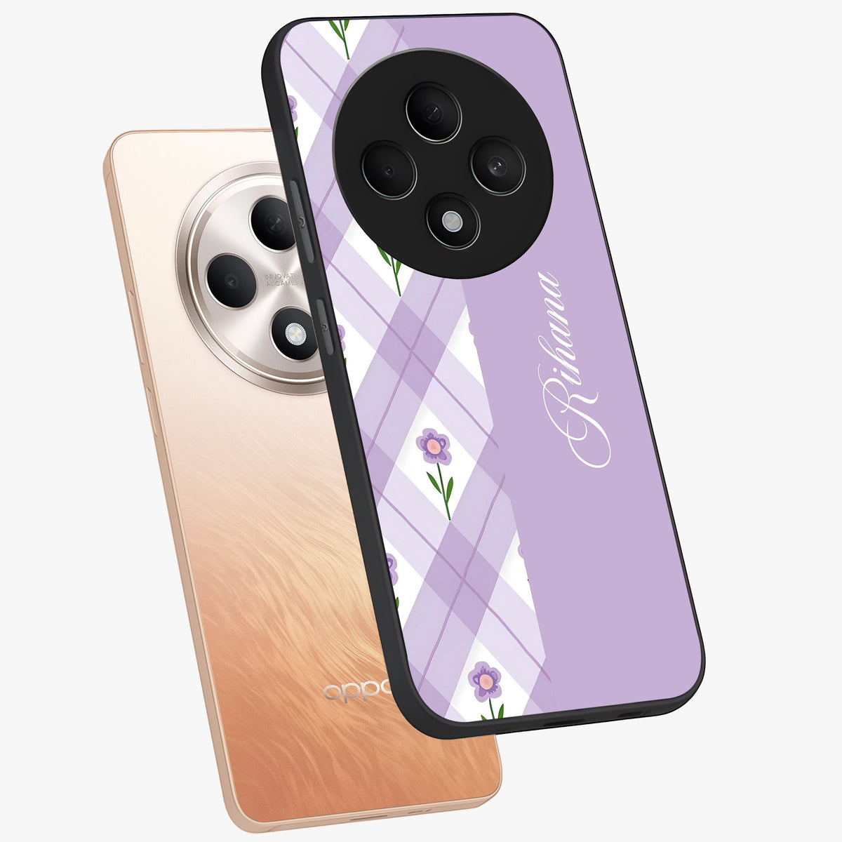 Purple Diamond Floral Glass Case displayed in angled mockup highlighting elegant purple flower design with decorative pattern.