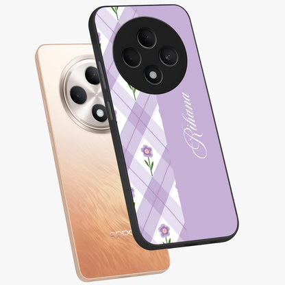Purple Diamond Floral Glass Case displayed in angled mockup highlighting elegant purple flower design with decorative pattern.