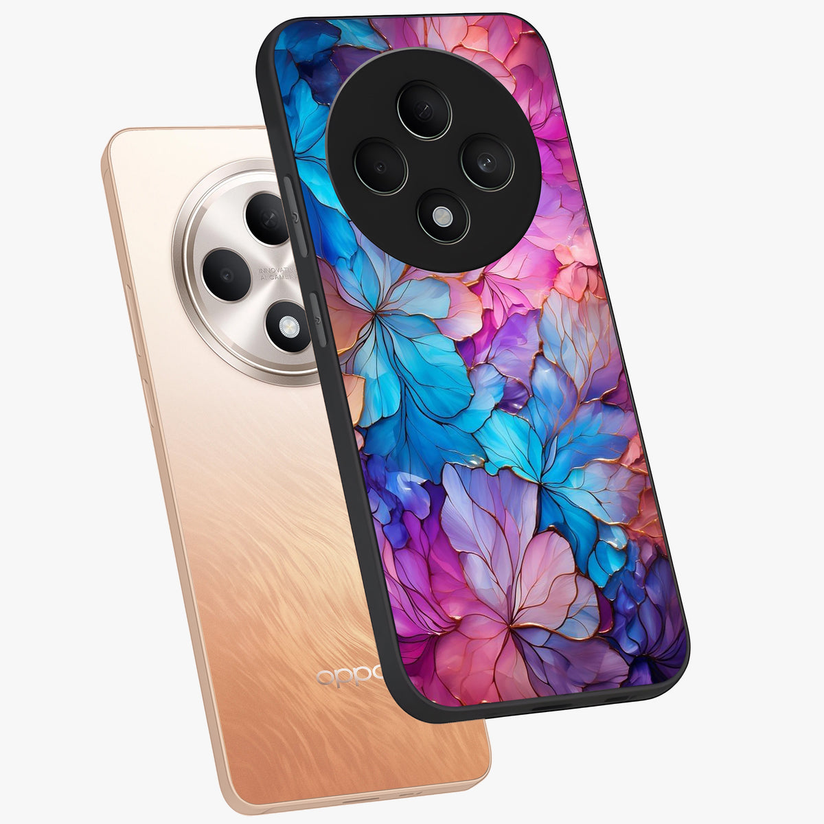 Radiant Floral Whirl Glass Case displayed in angled mockup highlighting vibrant flower pattern with dynamic artistic aesthetic.
