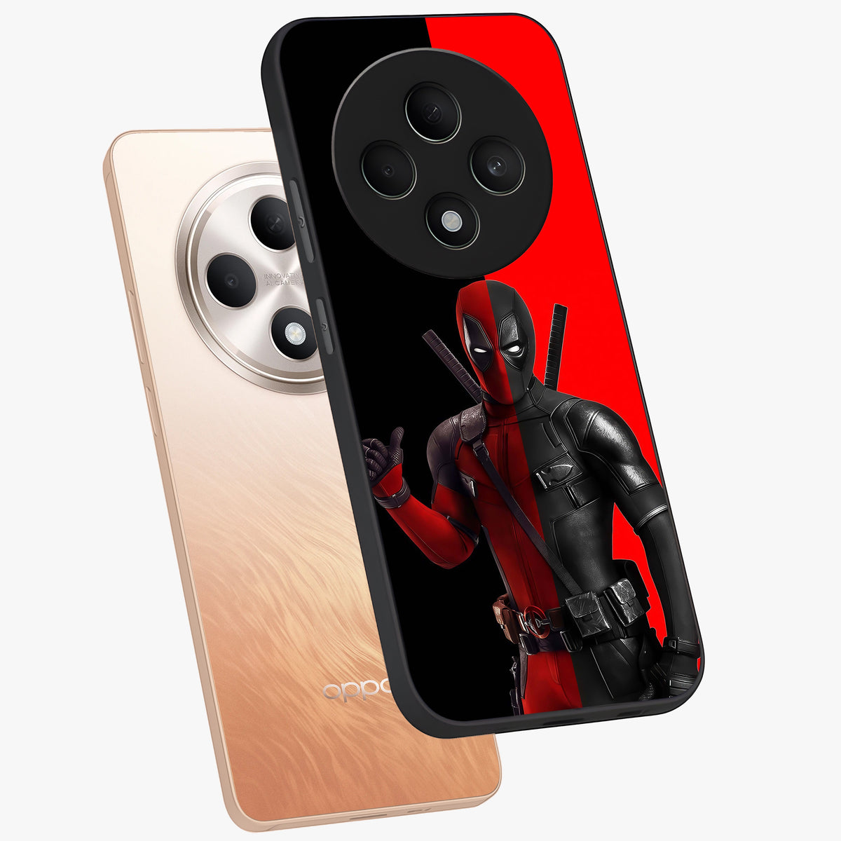 Red & Black Deadpool Theme Glass Case displayed in angled mockup highlighting vibrant superhero style illustration with action aesthetic.