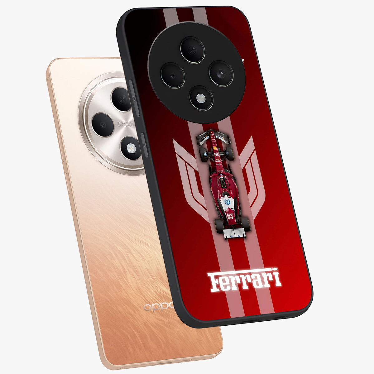 Red Ferrari F1 Vertical Glass Case displayed in angled mockup highlighting high speed racing design with bold automotive aesthetic.
