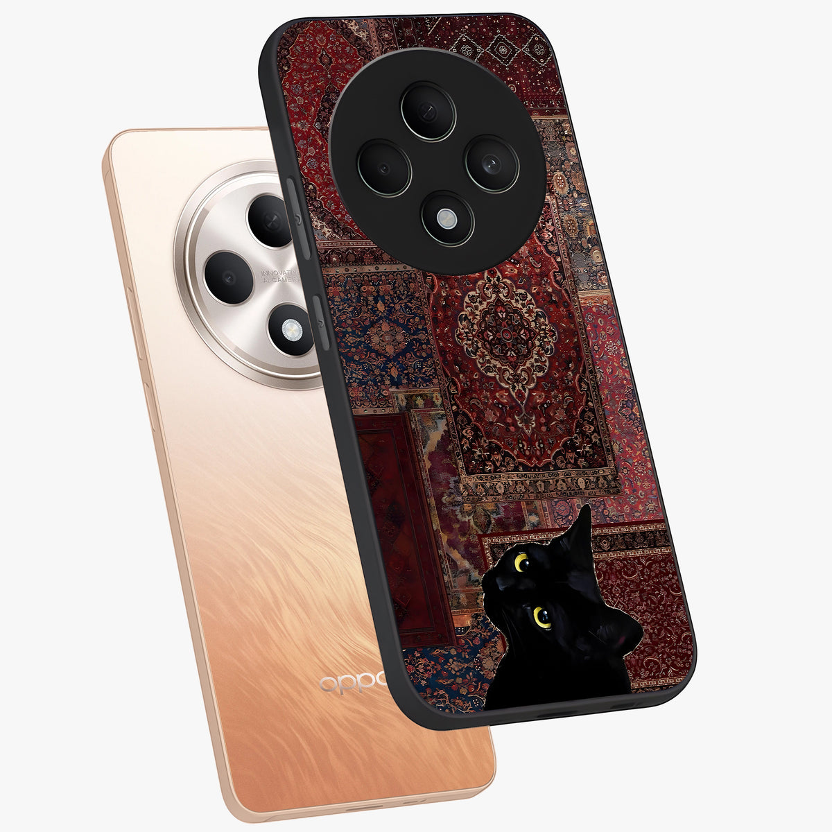 Regal Magic Cat Apple Glass Case displayed in angled mockup highlighting whimsical feline design with fantasy aesthetic.