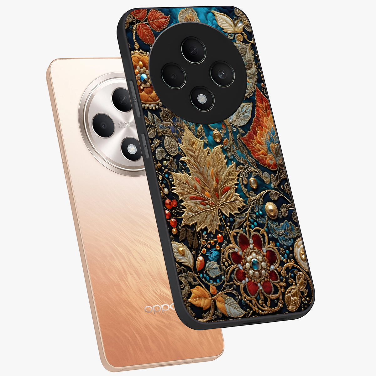 Royal Jewel Garden Glass Case displayed in angled mockup highlighting vibrant jewel inspired floral design with elegant aesthetic.