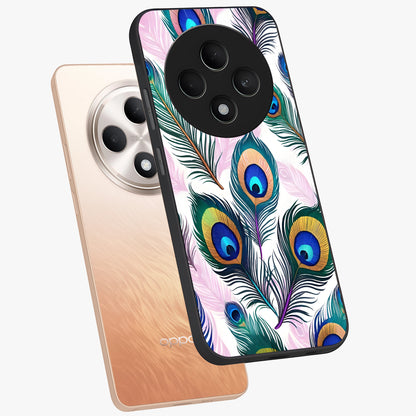 Royal Peacock Feathers Glass Case displayed in angled mockup highlighting vibrant feather pattern with regal aesthetic style.