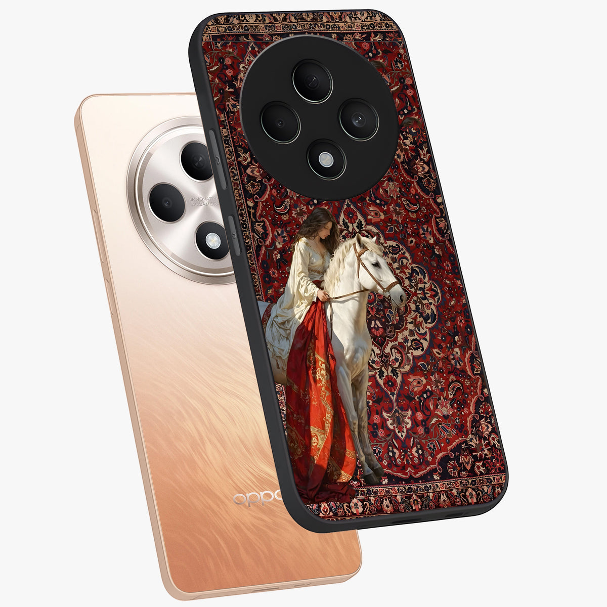 Royal Rider Tapestry Glass Case displayed in angled mockup highlighting traditional tapestry design with royal heritage aesthetic.