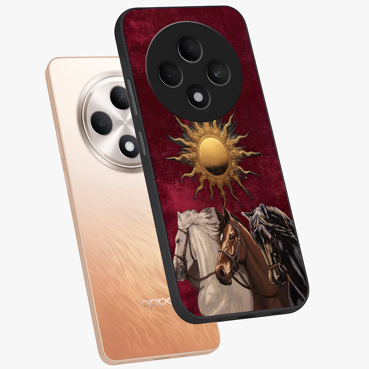 Solar Riders Glass Case displayed in angled mockup highlighting powerful rider illustration with radiant solar aesthetic.