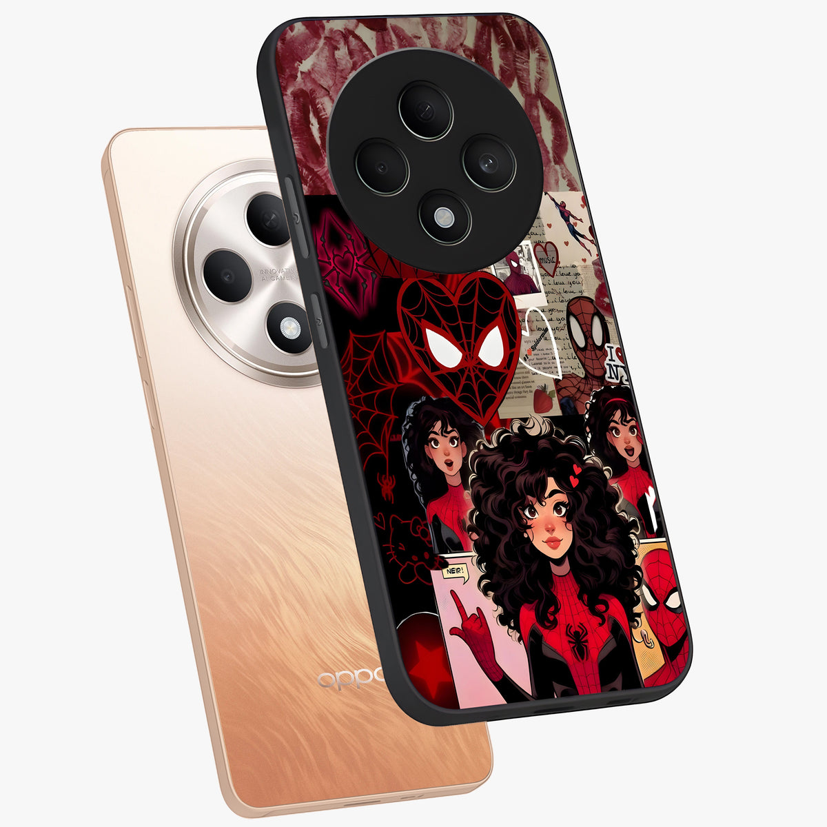 Spider Love Story Glass Case displayed in angled mockup highlighting expressive comic inspired design with playful aesthetic.