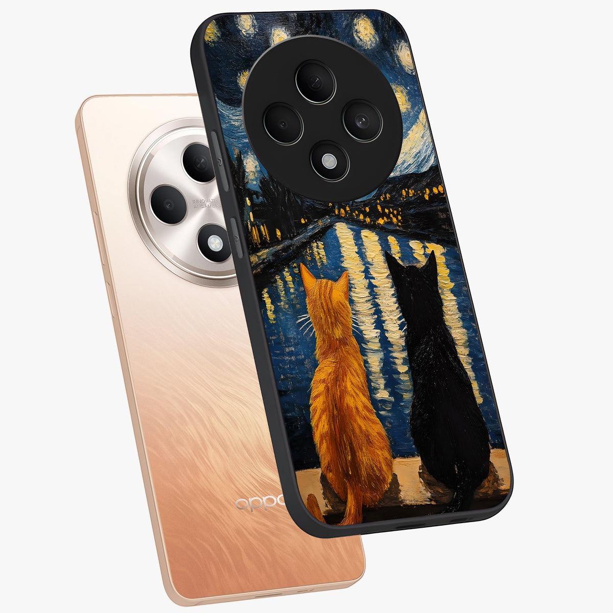 Starry River Cats Glass Case displayed in angled mockup highlighting charming feline illustration with dreamy night aesthetic.