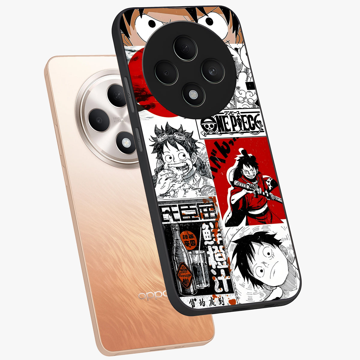 Strawhat Chaos Panels Glass Case displayed in angled mockup highlighting vibrant anime collage design with action aesthetic.