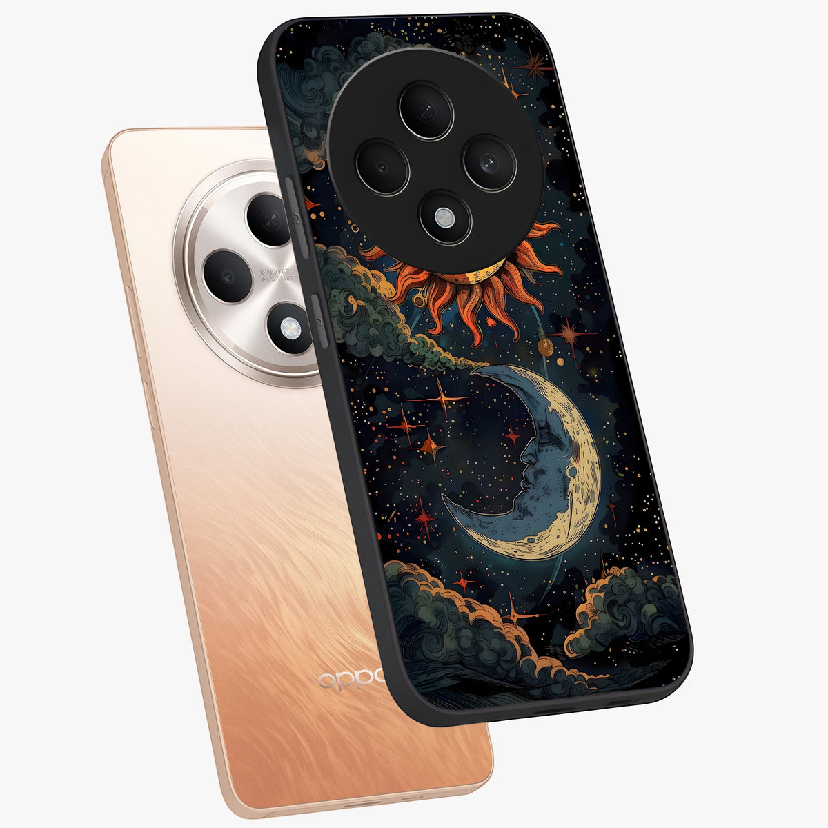 Sun And Moon Magic Design Glass Case displayed in angled mockup highlighting celestial design with magical cosmic aesthetic.