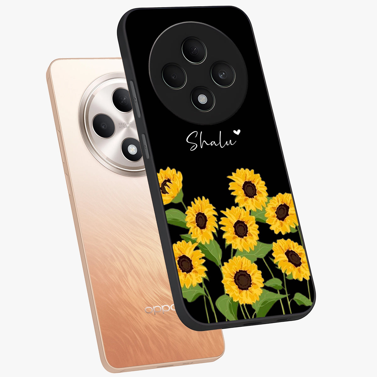 Sunflower Chic Mood Custom Name Glass Case displayed in angled mockup highlighting vibrant sunflower design with custom name feature.
