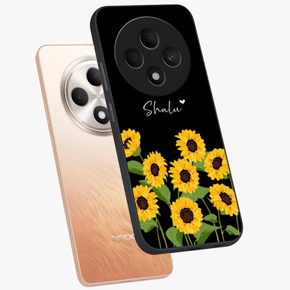 Sunflower Chic Mood Custom Name Glass Case displayed in angled mockup highlighting vibrant sunflower design with custom name feature.