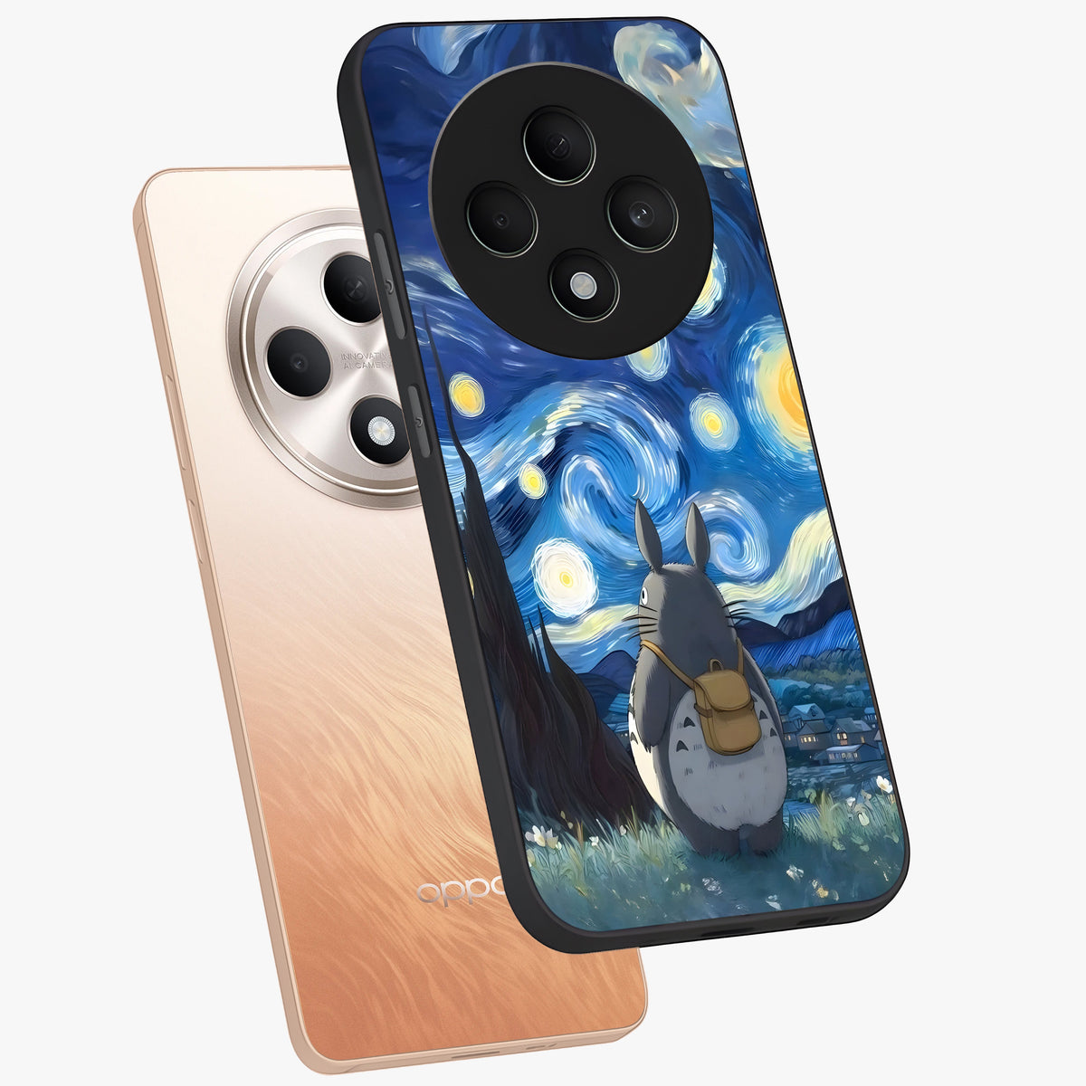 Totoro In Van Gogh Art Glass Case displayed in angled mockup highlighting artistic swirling sky design with playful animation aesthetic.