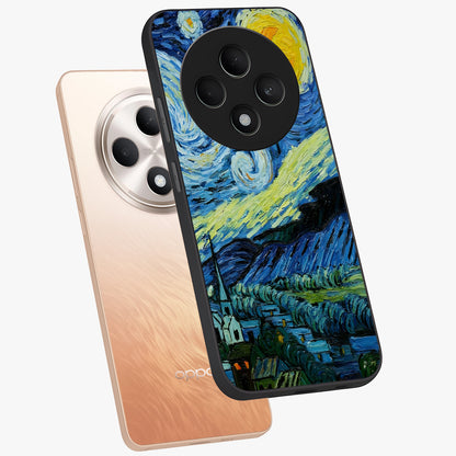 Van Gogh Art Glass Case displayed in angled mockup highlighting swirling brushstroke design with artistic aesthetic.