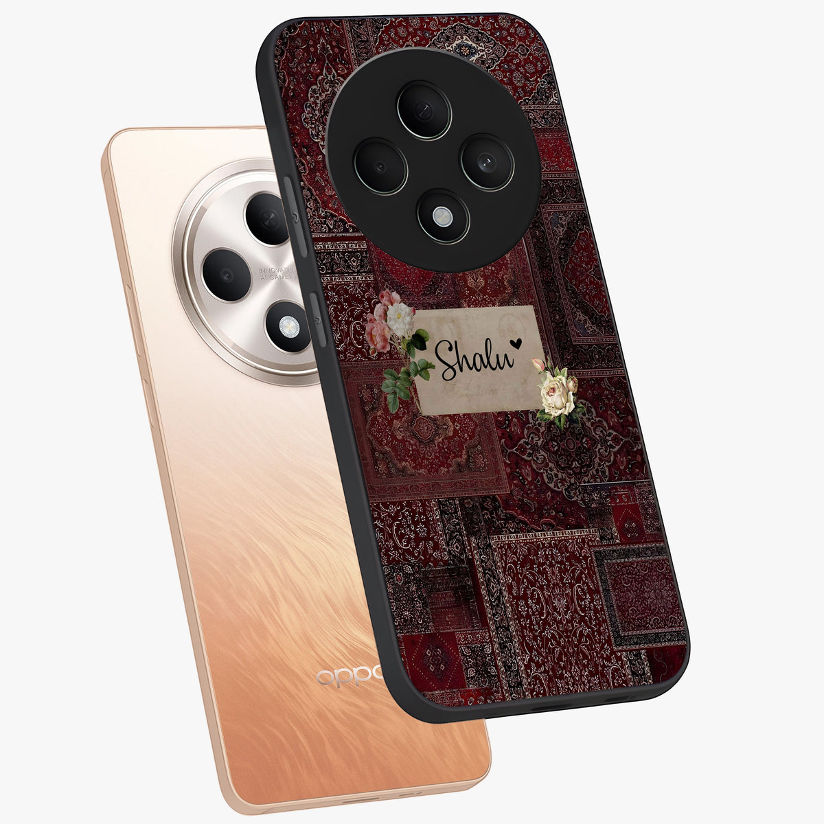Velvet Wine Pattern Custom Name Glass Case displayed in angled mockup highlighting decorative velvet inspired design with custom name feature.